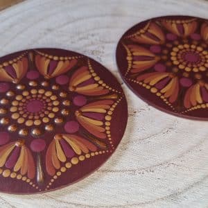 Mandala Coaster Set of 2 - Burgundy & Mustard Theme